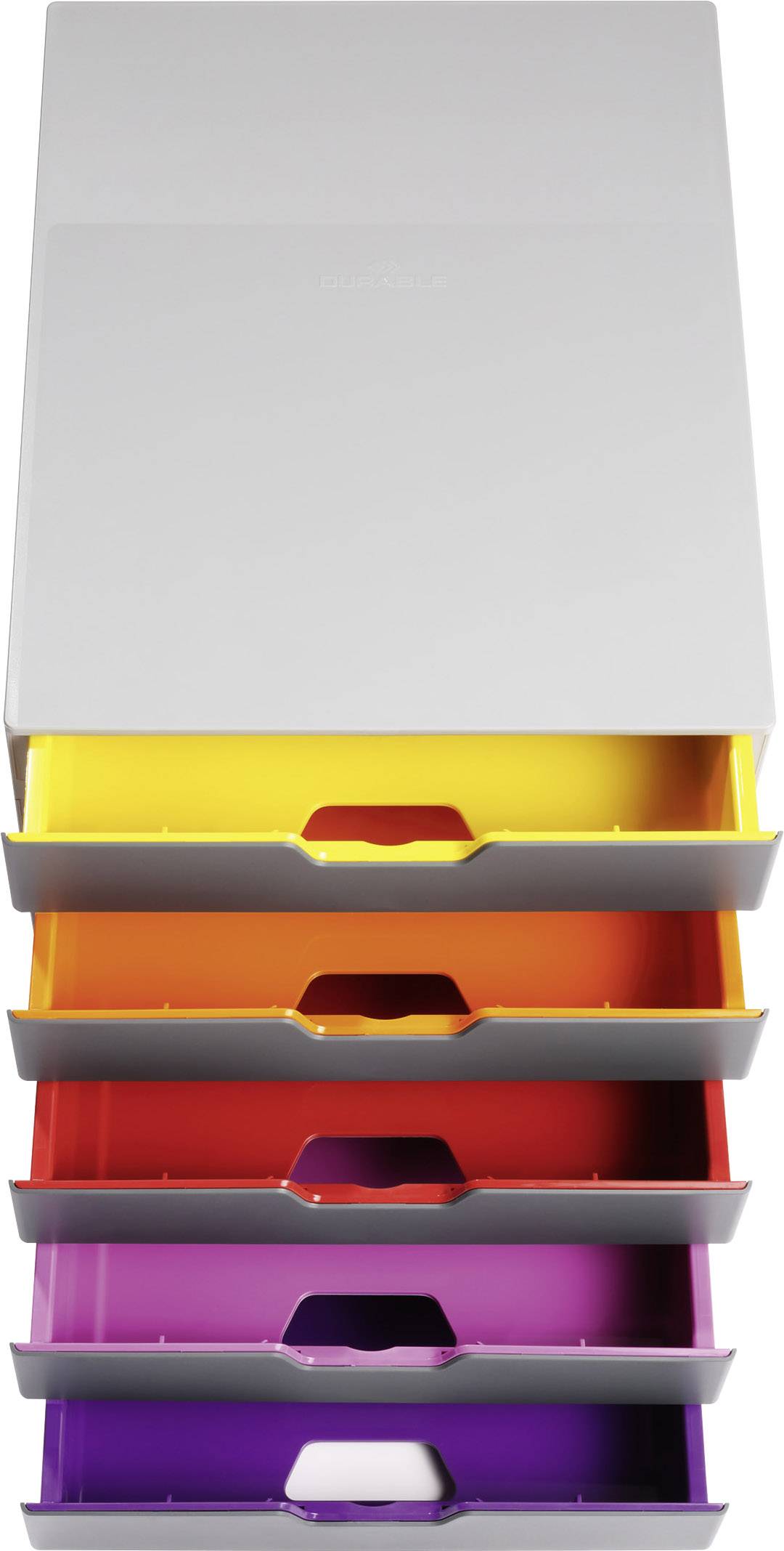 A stacking letter tray with five differently coloured filing compartments: Yellow, Orange, Red, Pink and Purple.