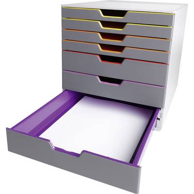 A grey drawer container with seven drawers in different colours. The bottom drawer is open and reveals white paper.