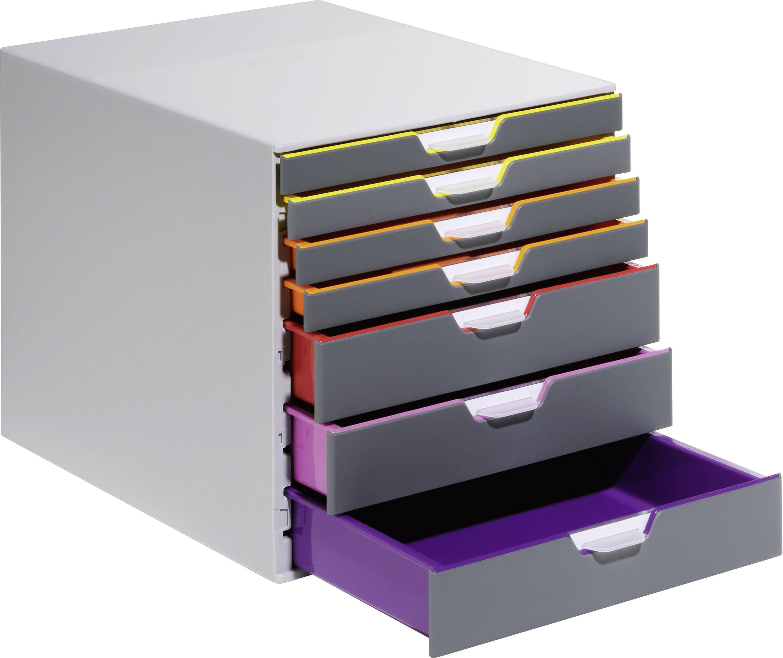 A grey drawer unit with seven pull-out drawers in different colours; one drawer is open, revealing a purple interior.