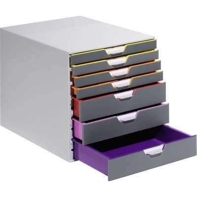 A grey drawer unit with seven pull-out drawers in different colours; one drawer is open, revealing a purple interior.