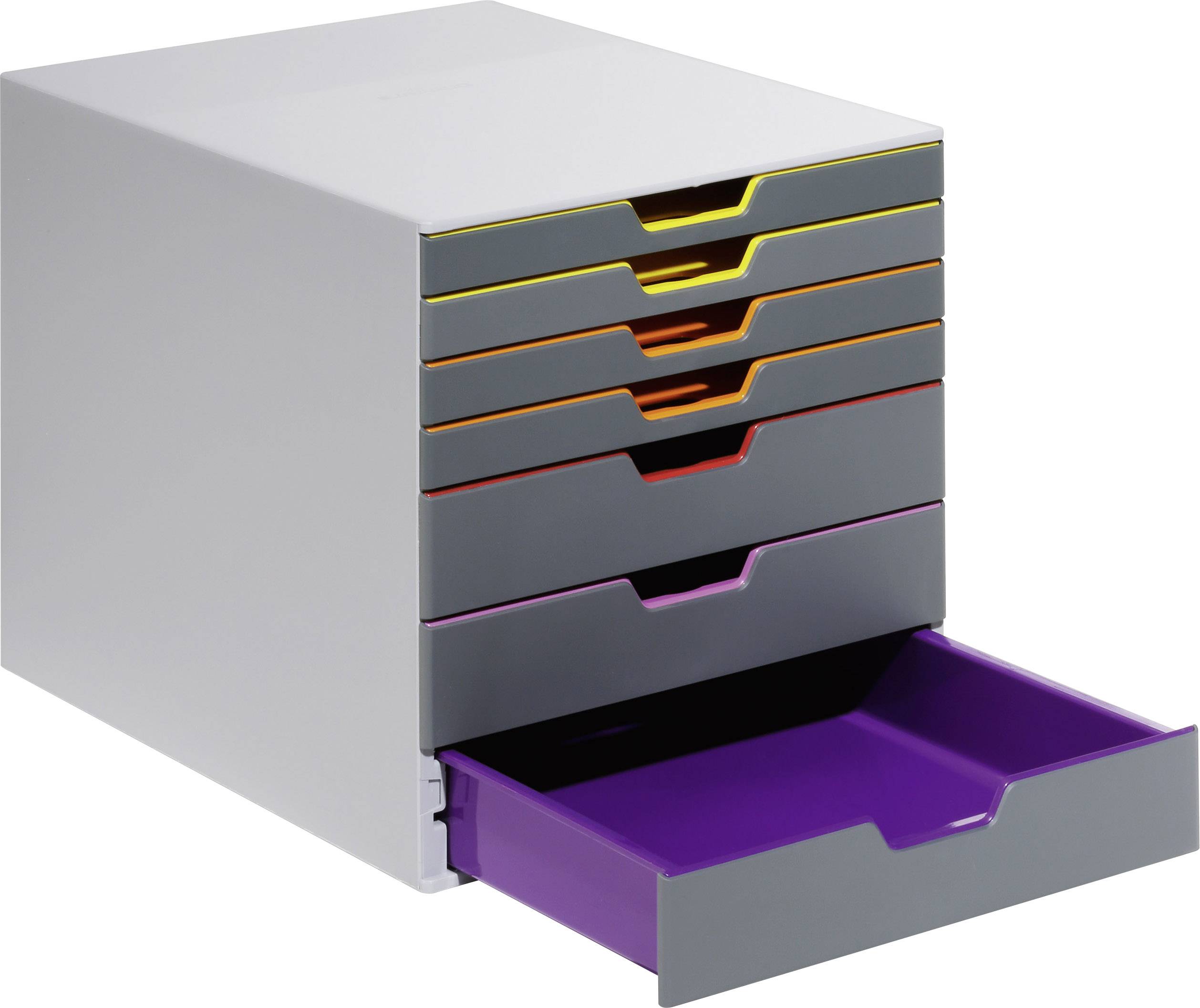 A grey filing cabinet with seven colourful drawers. The bottom drawer is open, revealing a violet interior.