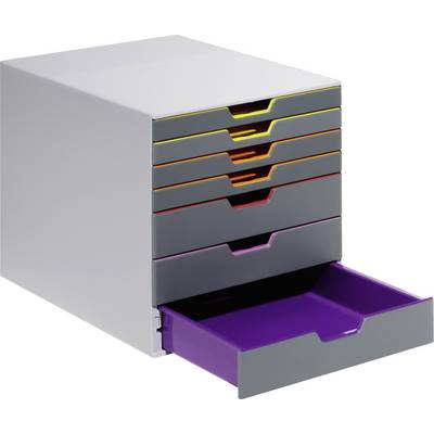 A grey filing cabinet with seven colourful drawers. The bottom drawer is open, revealing a violet interior.