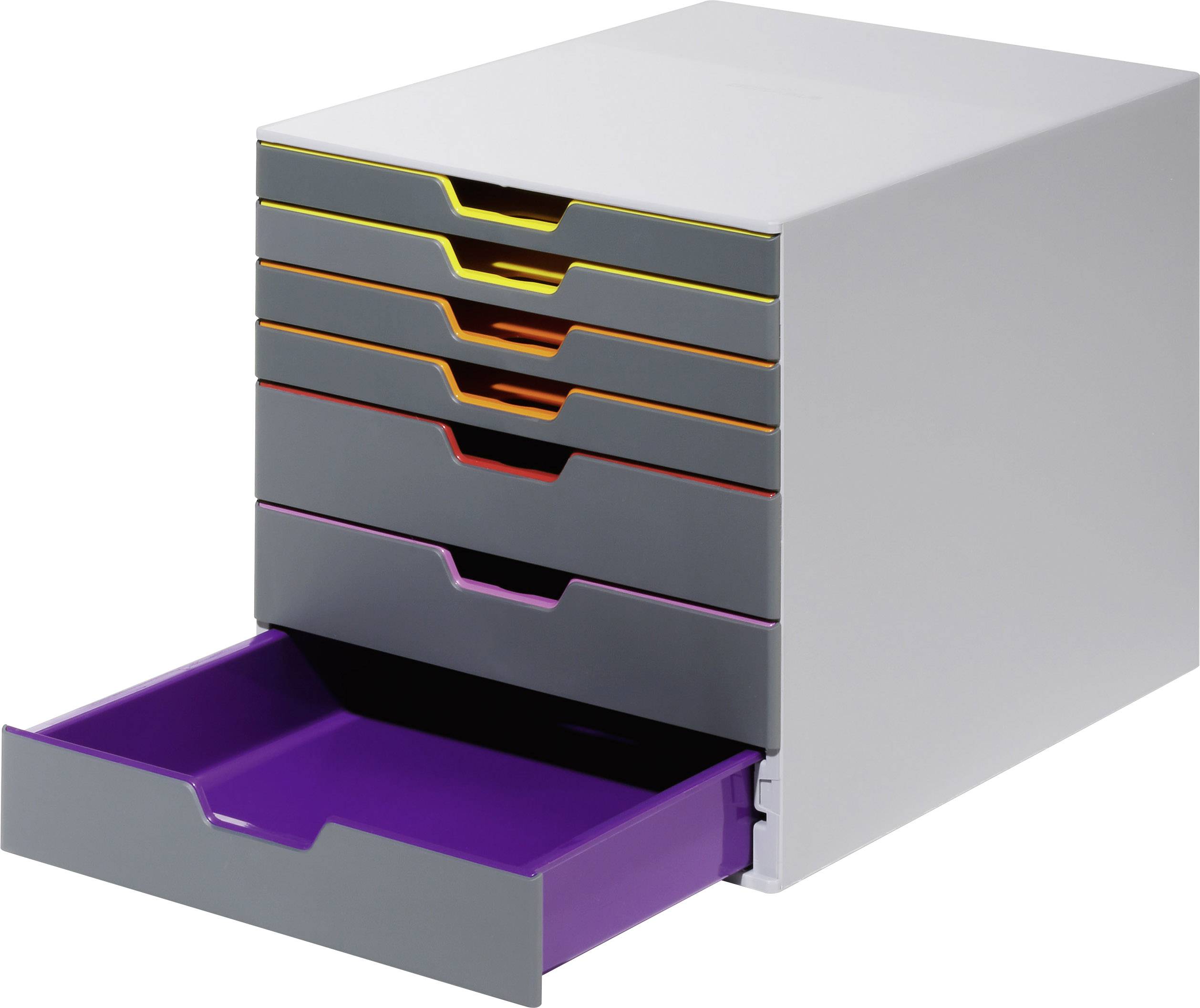 A grey filing cabinet with five colourful drawers, arranged from top to bottom in yellow, orange, red, grey, and purple.