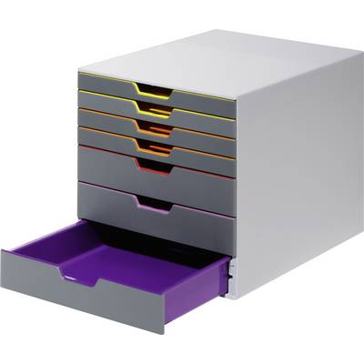 A grey filing cabinet with five colourful drawers, arranged from top to bottom in yellow, orange, red, grey, and purple.