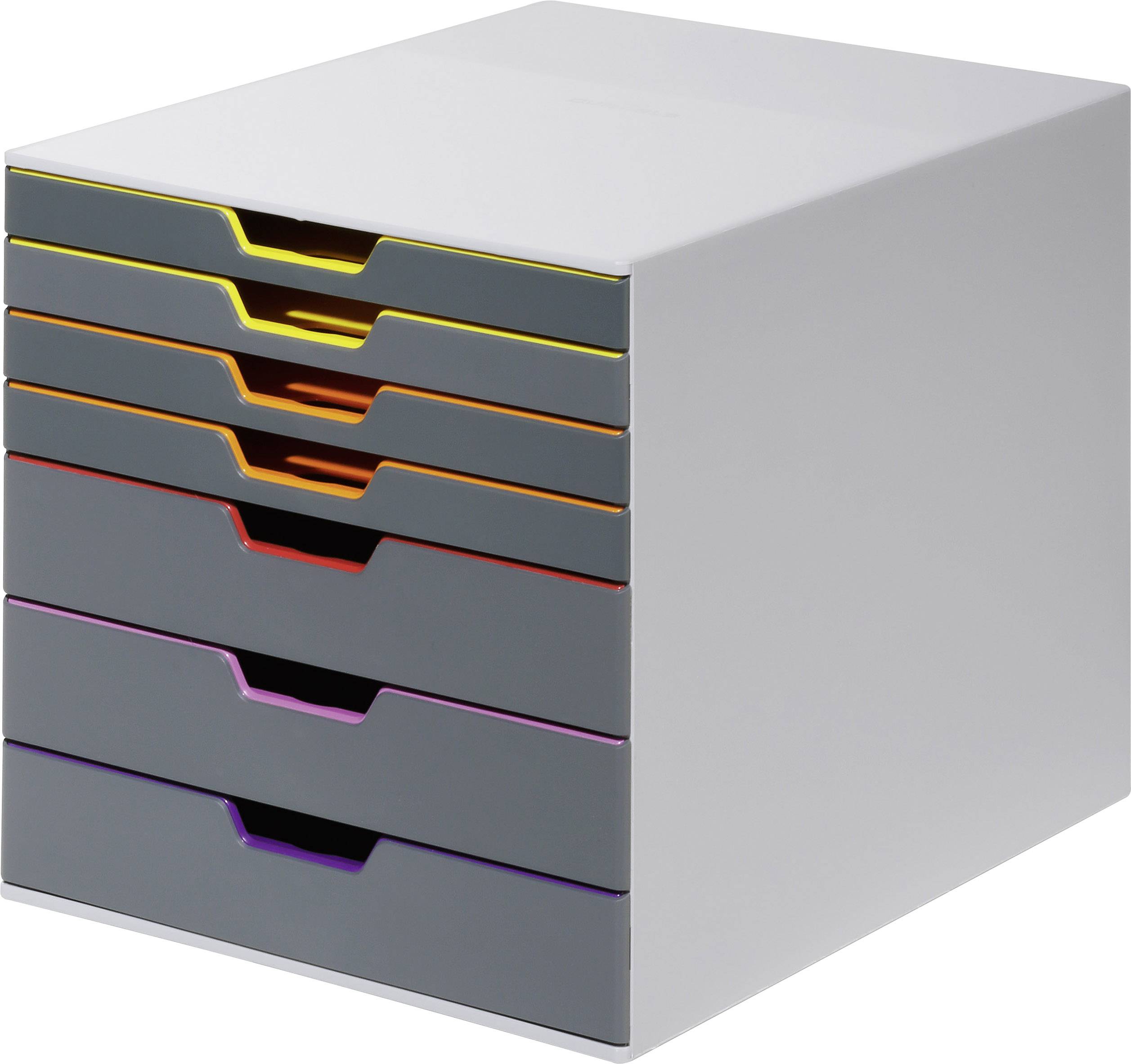 A white drawer container with seven drawers in rainbow colours. Ideal for storing documents or office supplies.