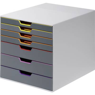 A white drawer container with seven drawers in rainbow colours. Ideal for storing documents or office supplies.