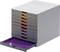 A grey storage compartment with eleven colourful drawers, one of which is open and purple. Ideal for organising documents.