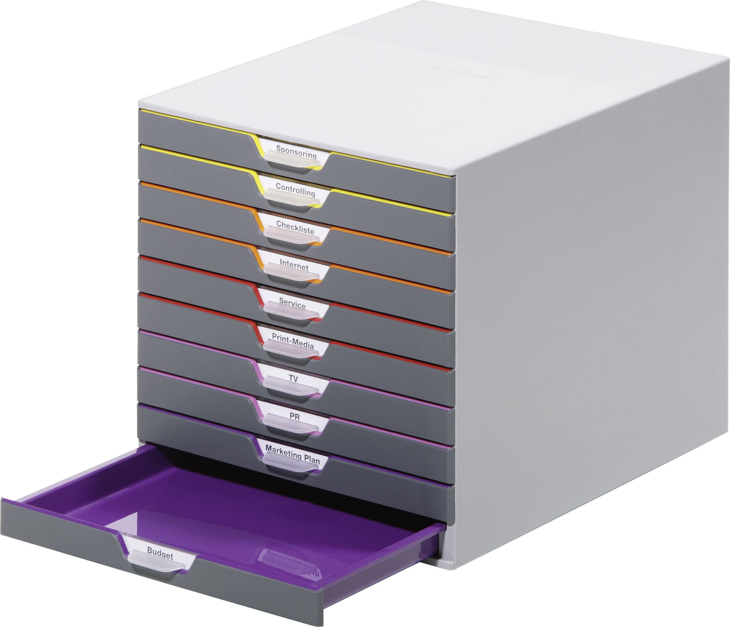 Grey drawer tower with nine colourful drawers, with one drawer pulled out. Each drawer is labelled with text.