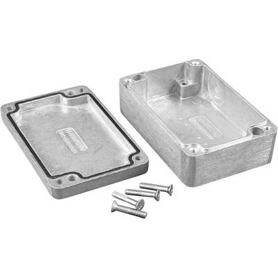 A rectangular aluminium enclosure with its lid removed and four screws beside it. Suitable for electrical or mechanical installation.