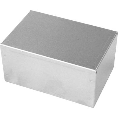 Silver-coloured metal box with a rectangular shape, closed.