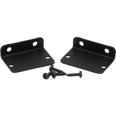 Black metal angles with two holes each, alongside four matching screws.