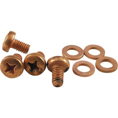 'Three copper screws and four copper rings are lying on a surface.'