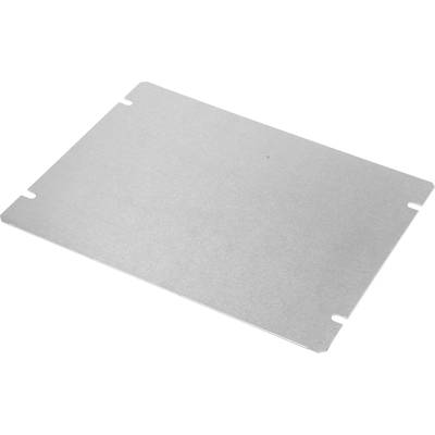 A flat, rectangular metal plate with rounded edges and small notches on the sides, possibly a component.