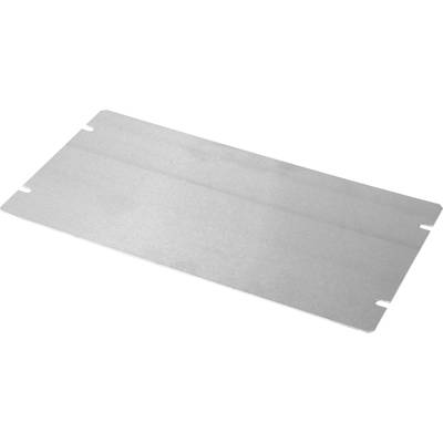 Rectangular, flat metal plate with rounded corners and side slots, potentially used as a cover or connecting component.
