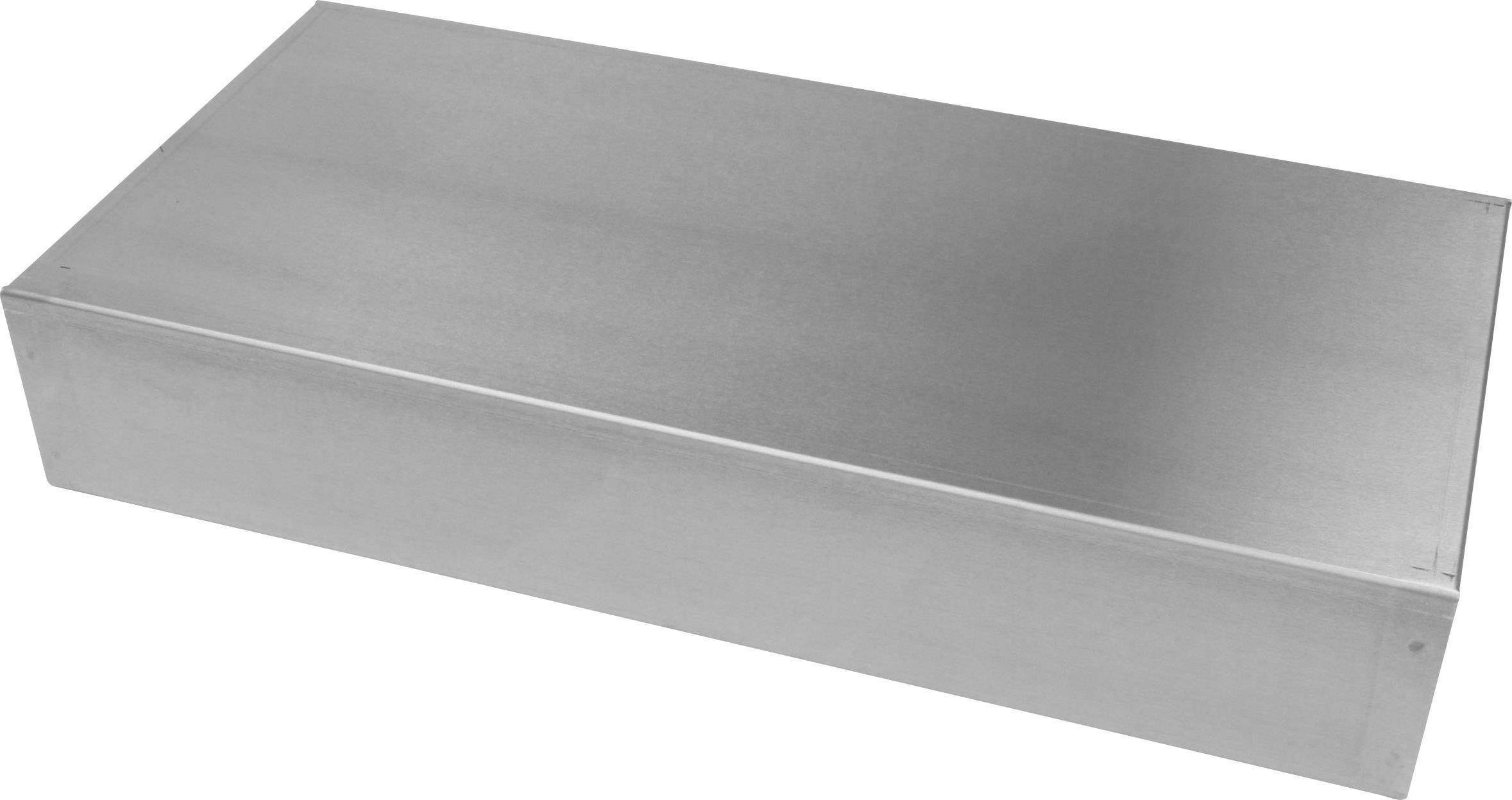 Metal box in rectangular shape, silver-coloured. The box has no visible decorations or markings.