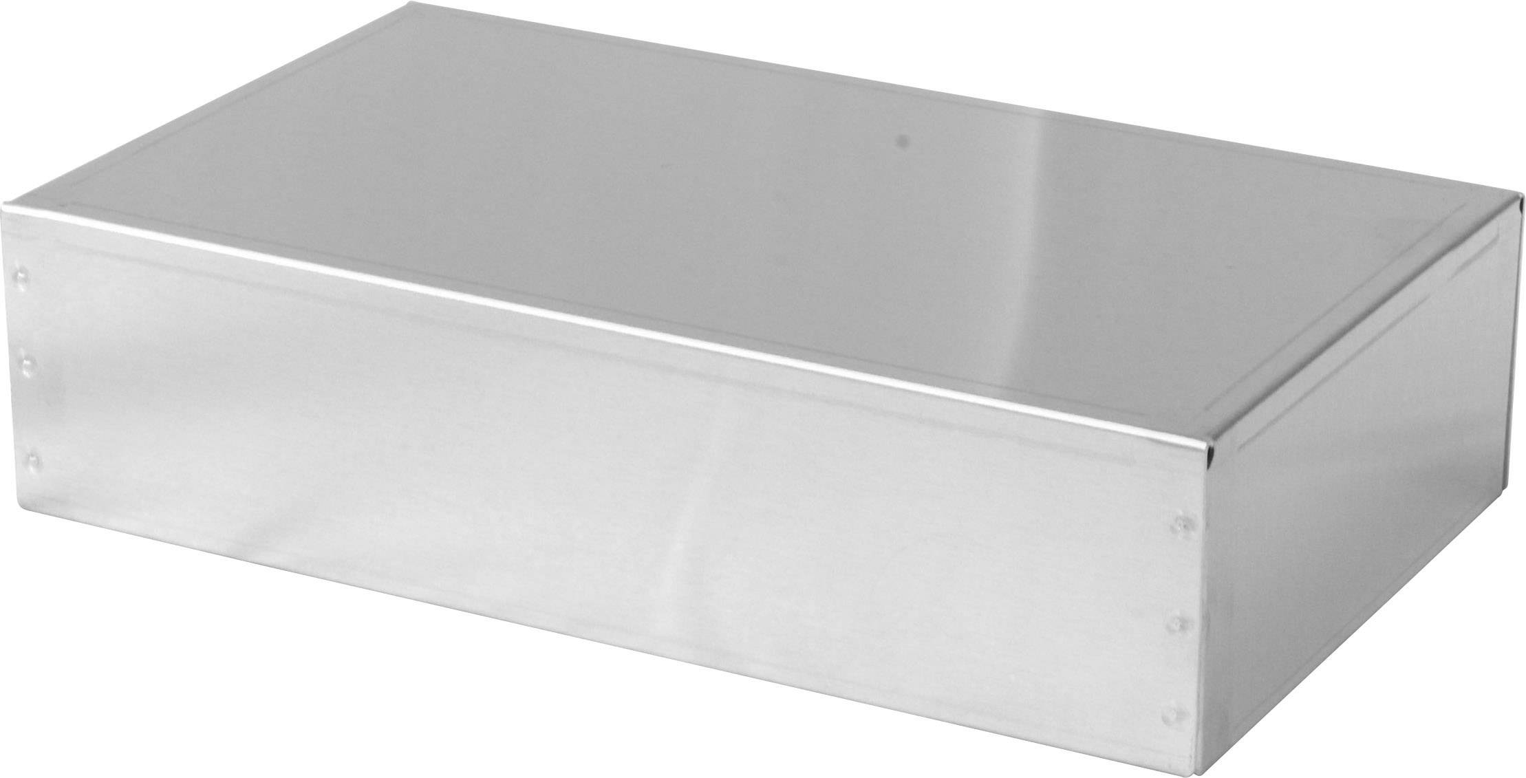 A grey, rectangular metal enclosure with a smooth surface and rounded edges on a neutral background.