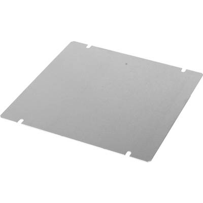 A rectangular, flat metal plate with rounded corners and four notches along the edges.