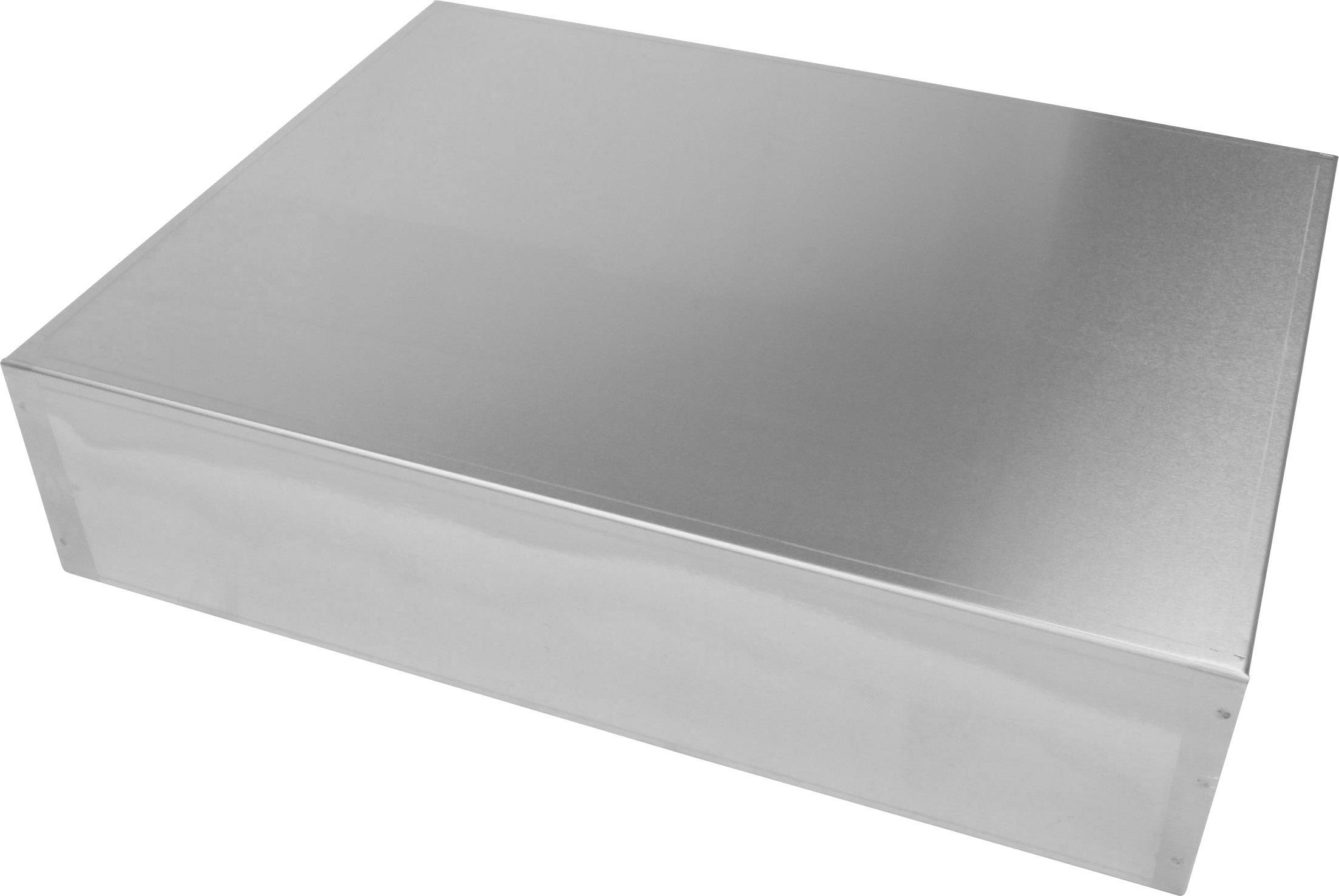 Rectangular, flat, silver metal box, possibly a housing or a cover.<br><br>I'll adjust this to British English:<br><br>Rectangular, flat, silver metallic container, possibly a housing or a cover.