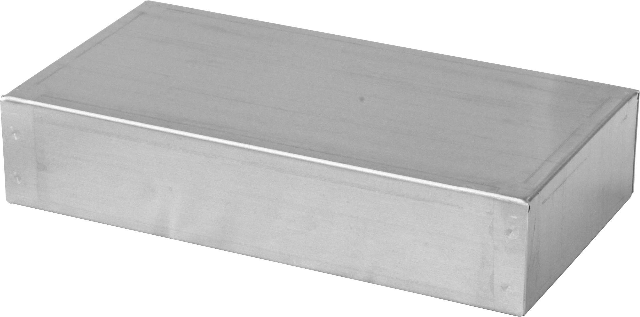 Rectangular, flat metal box made of shiny metal.