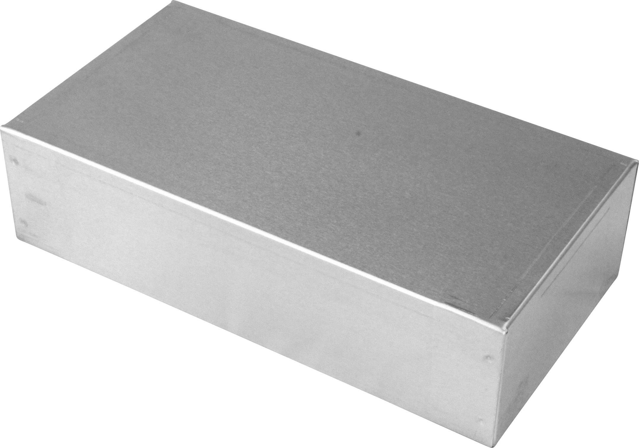 Rectangular grey metal box, closed, on a white background.