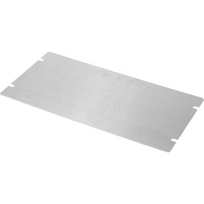 Metal plate with a rectangular shape and rounded corners. It has four notches along the edges. Surface is smooth and silver-coloured.
