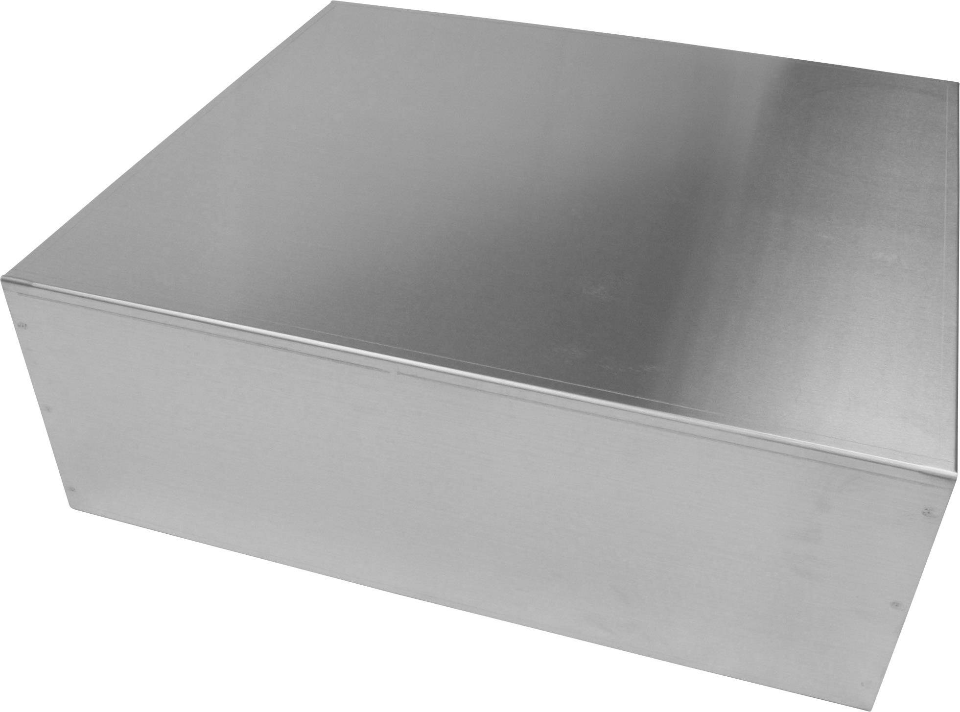 Metallic rectangular box with a smooth surface, most likely made of stainless steel, on a white background.