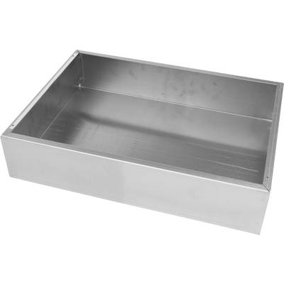 Metal box in rectangular shape, opened. Primarily manufactured from shiny metal, without visible brands or labels.
