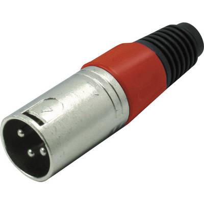 XLR connector with three pins, silver metal body and red plastic housing. Commonly used for audio connections.