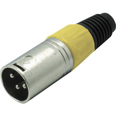 A yellow and black three-pin XLR connector, used in audio engineering to connect microphones and audio equipment.