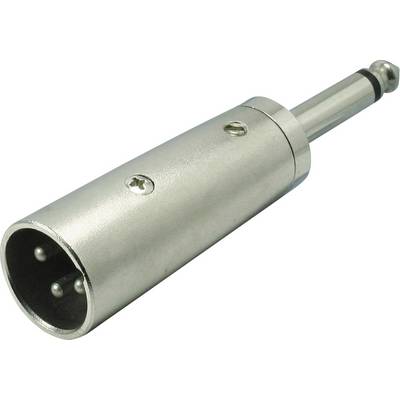 A metal adaptor with an XLR socket to 6.35 mm jack plug, for connecting audio equipment.