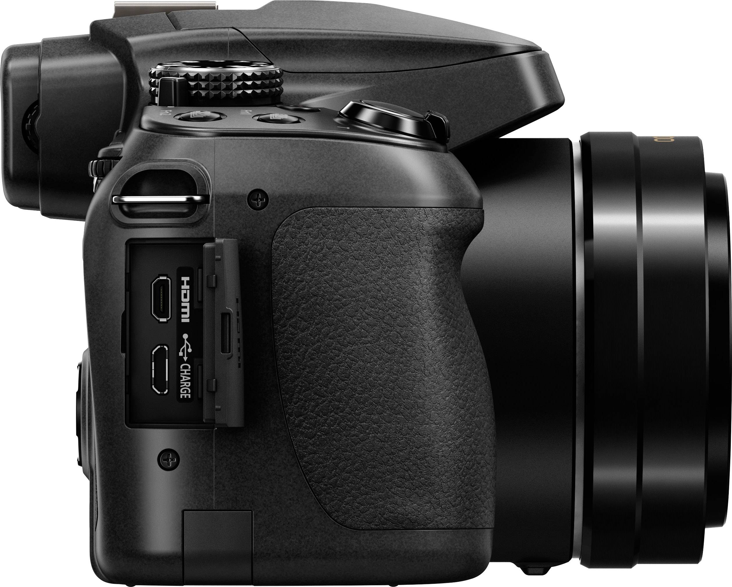A black digital camera from the side, showing the HDMI port and ergonomic design.