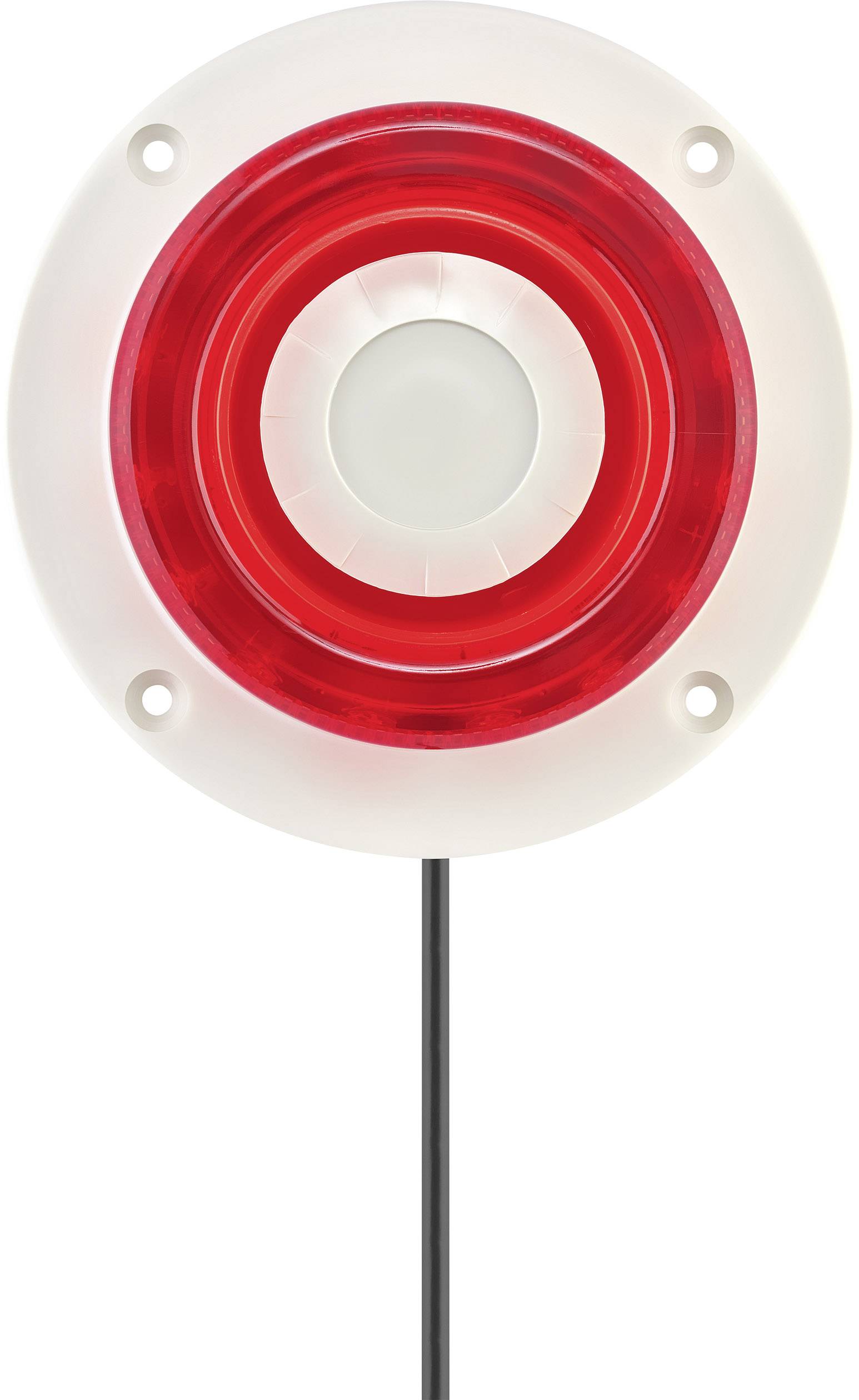 A round, red illuminating light with a white border and four screw fixings, connected by a black cable underneath.