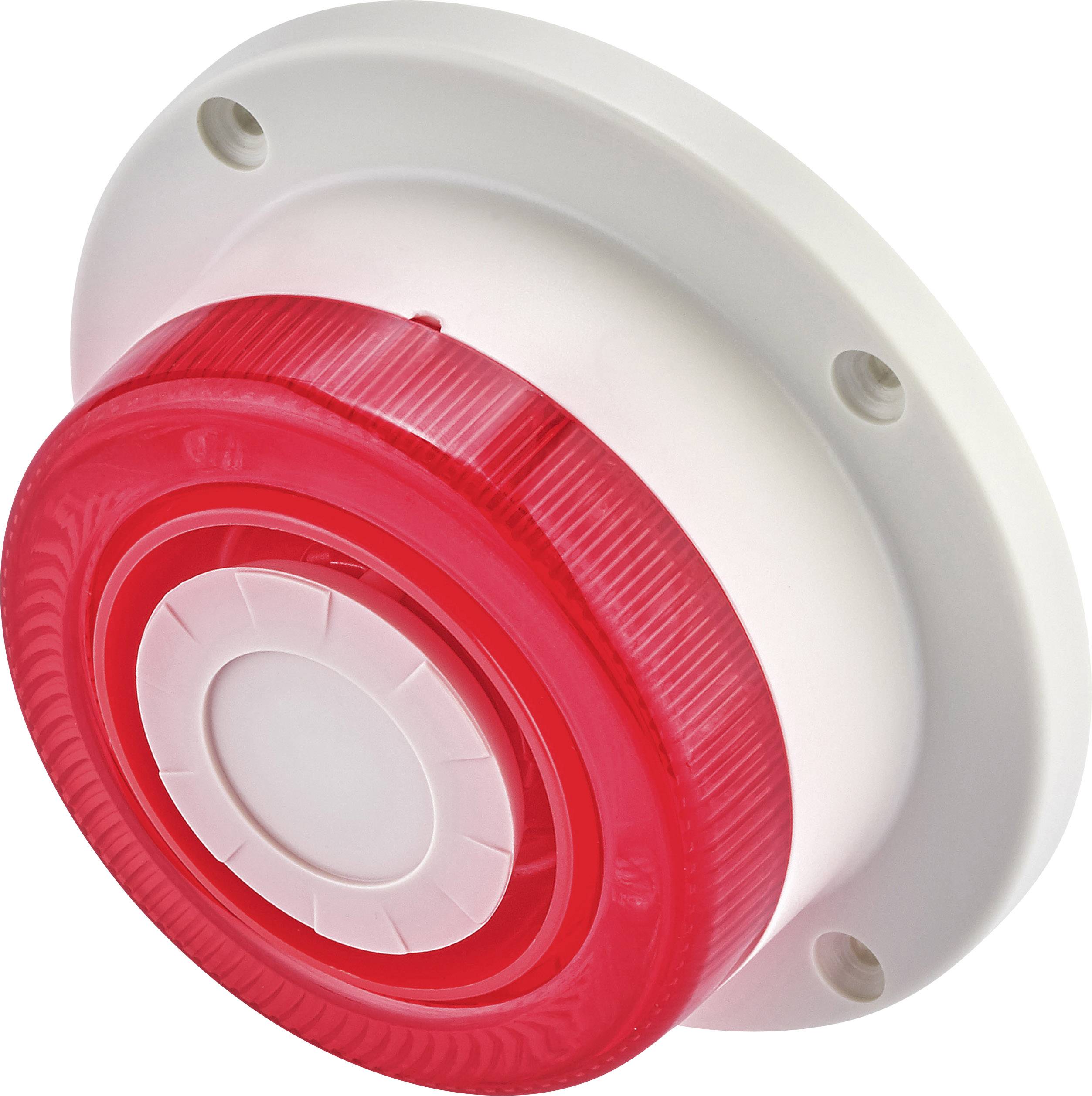 A round, red illuminated alarm button mounted on a white base on the wall is used to activate an alarm system.