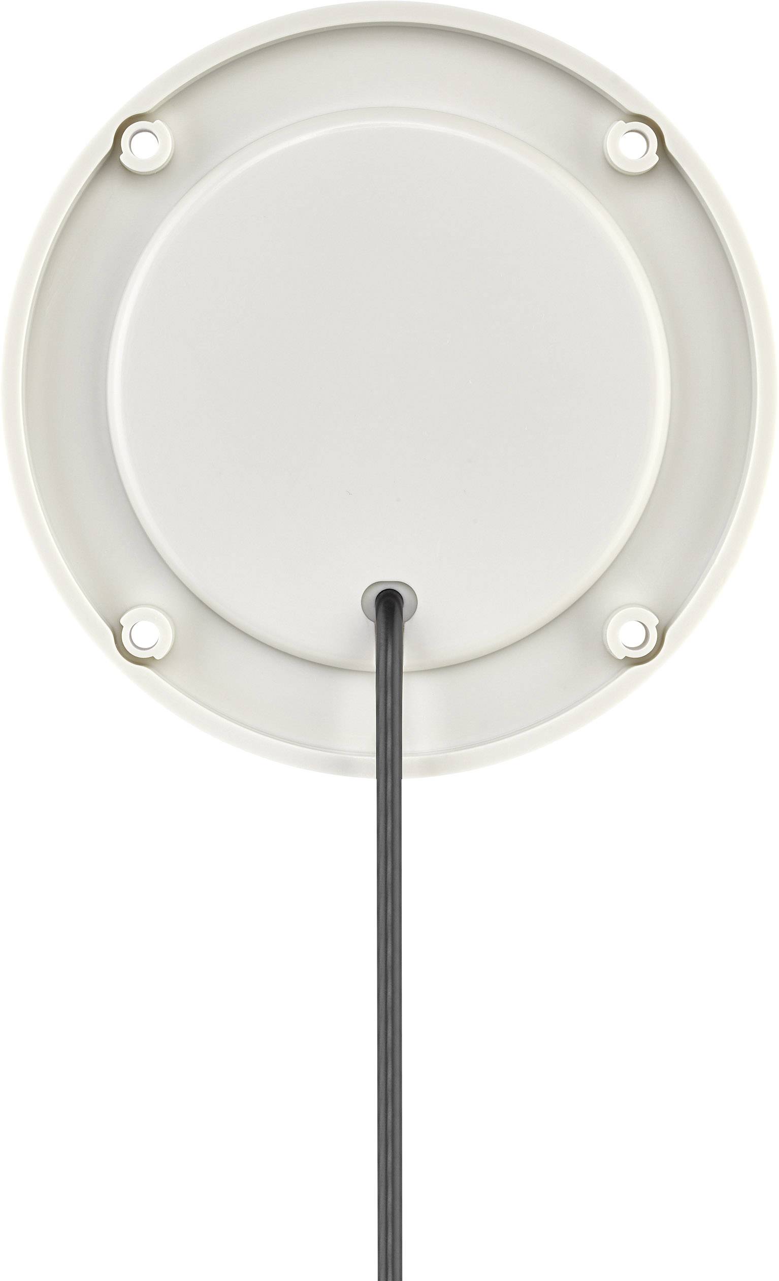 Round, white cover with central cable leading downwards, fixed from behind by four visible screw holes.