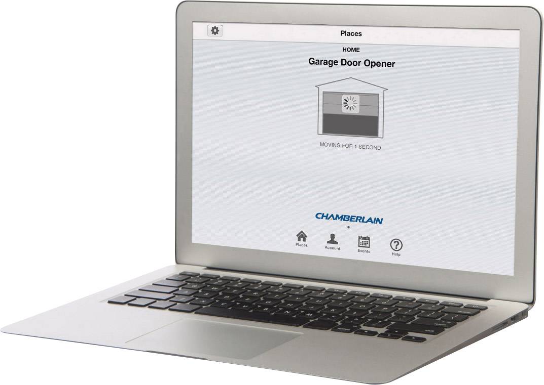 A laptop displays an app showing 'Garage Door Opener'. The status reads 'MOVING FOR 1 SECOND'. At the top it says 'Places HOME'.
