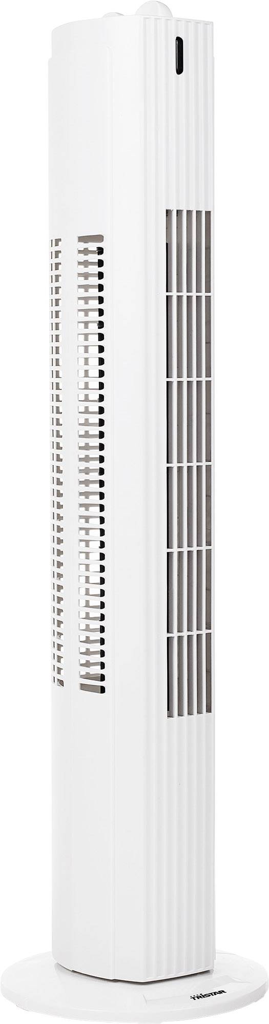 A white, slender tower fan stands upright. Ventilation slots on the front allow air circulation.