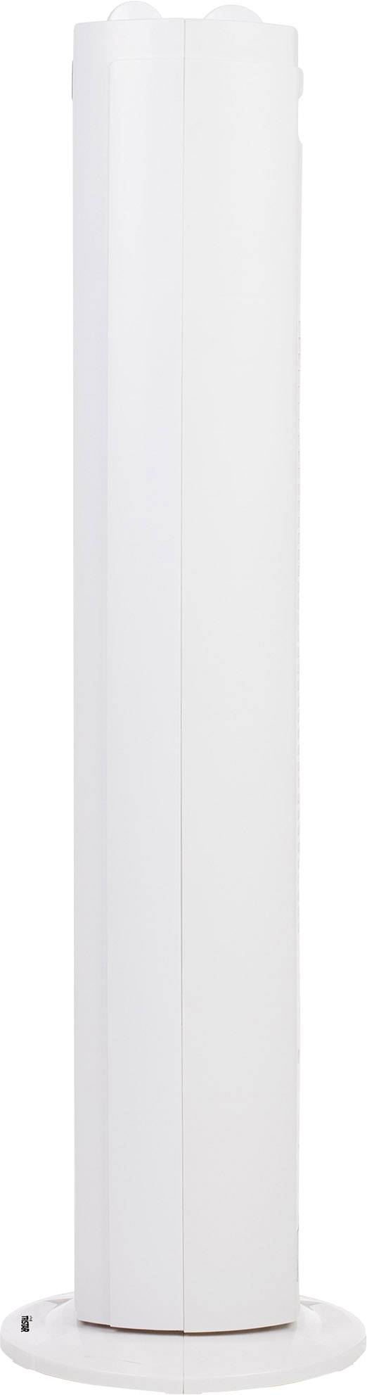 A white, tall cylindrical fan with no visible controls sits on a flat round base.