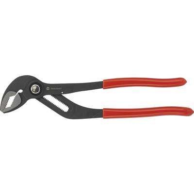 Black water pump pliers with red handles, open. Used for gripping and turning objects of various sizes.