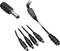 Various black adapter cables with multiple plugs and one connection, suitable for electronic devices.