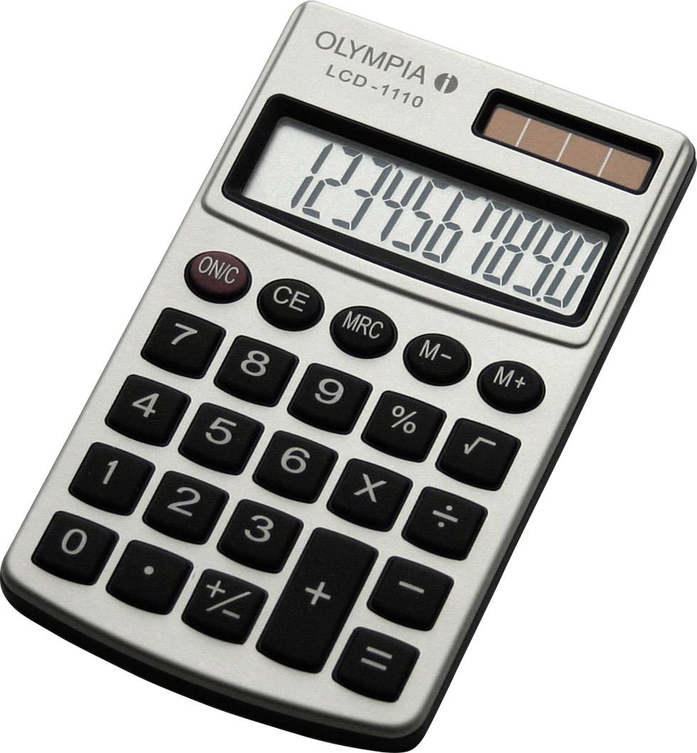 Silver pocket calculator with solar cell and display showing '1234567890', complete keypad view.