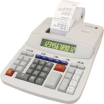 Electric desktop calculator with printing function. Display shows '123456789012'. Paper roll with printed numbers.