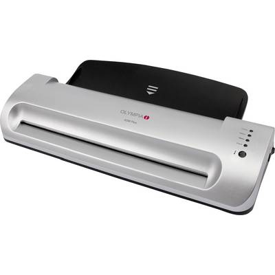 Silver laminating machine with a black upper compartment, with the brand name 'OLYMPIA' visible. Suitable for sealing documents.