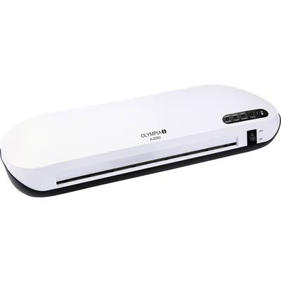 A white laminating machine, model Olympia A 2350. It has control buttons on top and an insertion opening at the front for sealing documents.