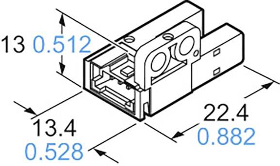 Technical drawing of a connector with length specifications: 13 mm (0.512 inches), 13.4 mm (0.528 inches), 22.4 mm (0.882 inches).