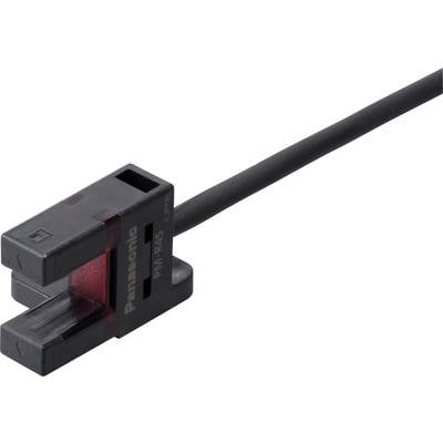 A rectangular sensor with integrated cable, suitable for object detection; black housing with visible red light.
