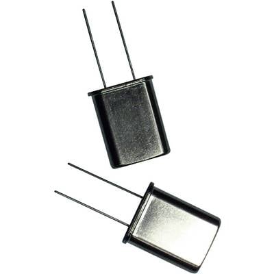 Two quartz oscillators with metal casings and four pins, diagonally aligned. They are used in electronic circuits.