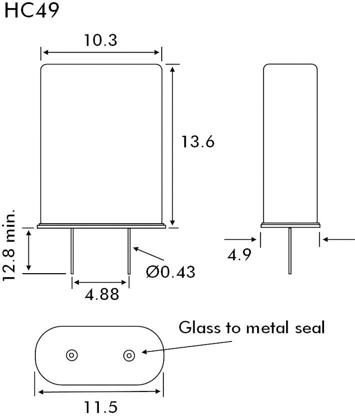 'Sketch of an HC49 housing with dimensions: width 10.3 mm, height 13.6 mm, depth 4.9 mm. Shows glass-metal seal.'