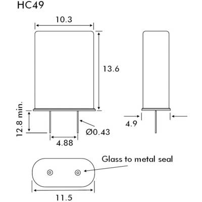 'Sketch of an HC49 housing with dimensions: width 10.3 mm, height 13.6 mm, depth 4.9 mm. Shows glass-metal seal.'