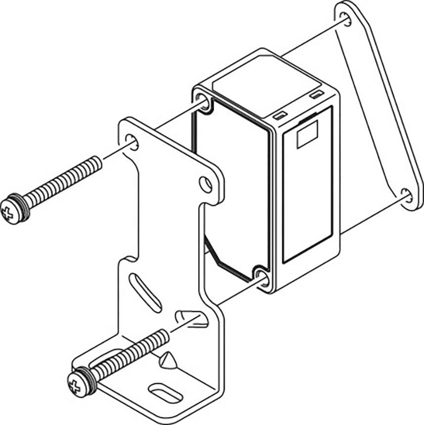 Technical Drawing: A right-angled bent bracket with screws, for mounting a rectangular device on a wall.