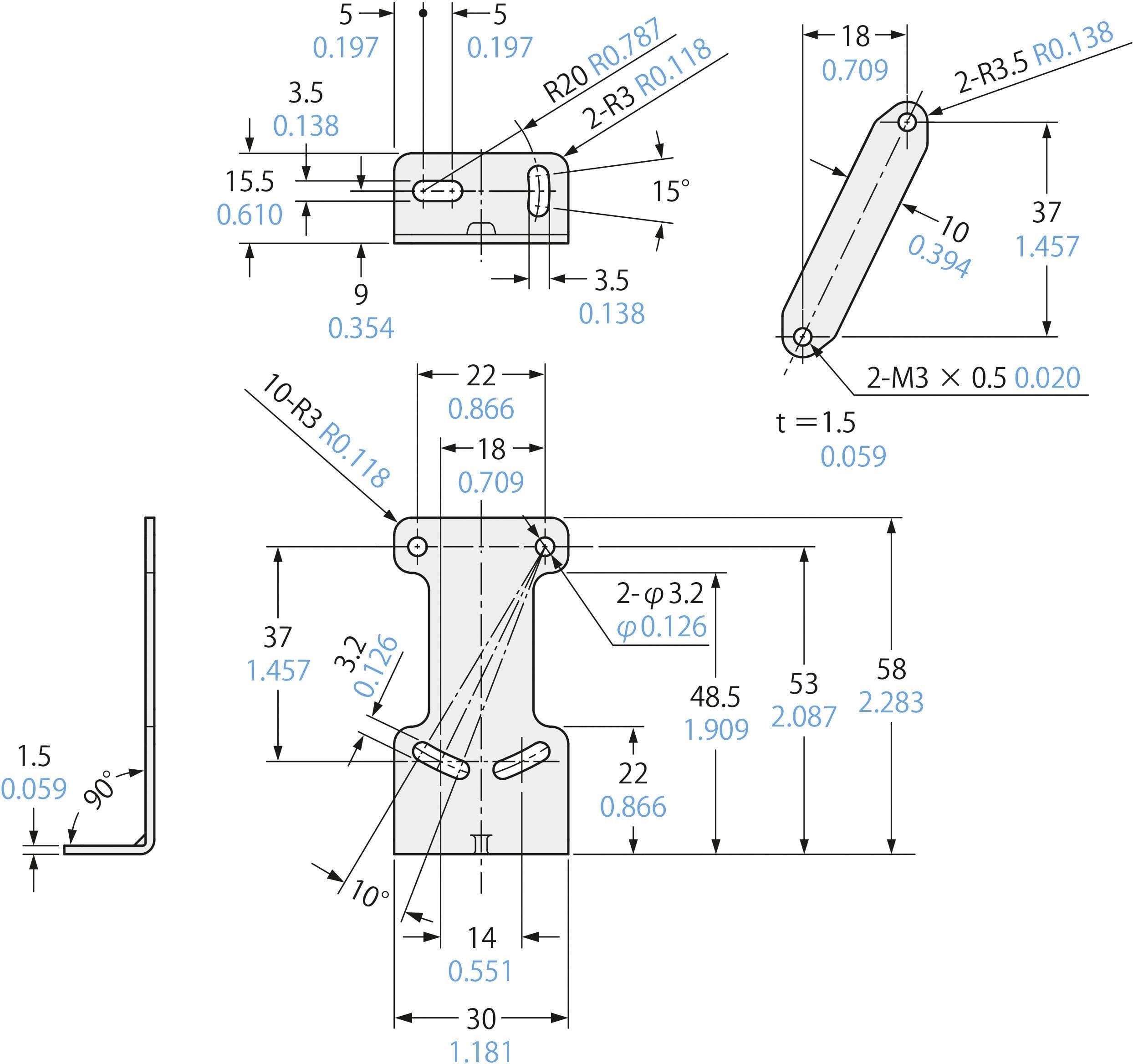Technical drawing of a metal component with dimensions and angles. Main view shows the front with holes and radii, side views provide additional details.